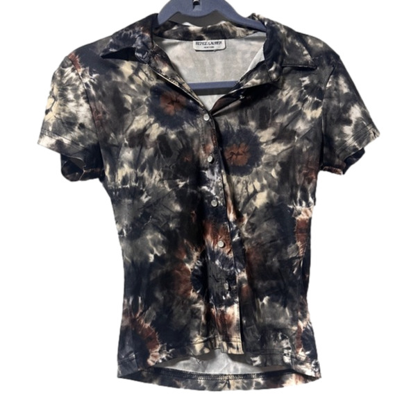Vintage Y2K Dark Tie Dye Button Up Short Sleeve Shirt Women’s Size Small Hippie - Picture 1 of 15